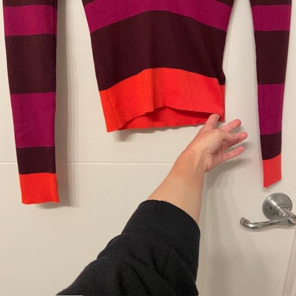 House of Harlow 1960 Ribbed Striped Colorblock Collared V-Neck Sweater Small - Picture 4 of 12